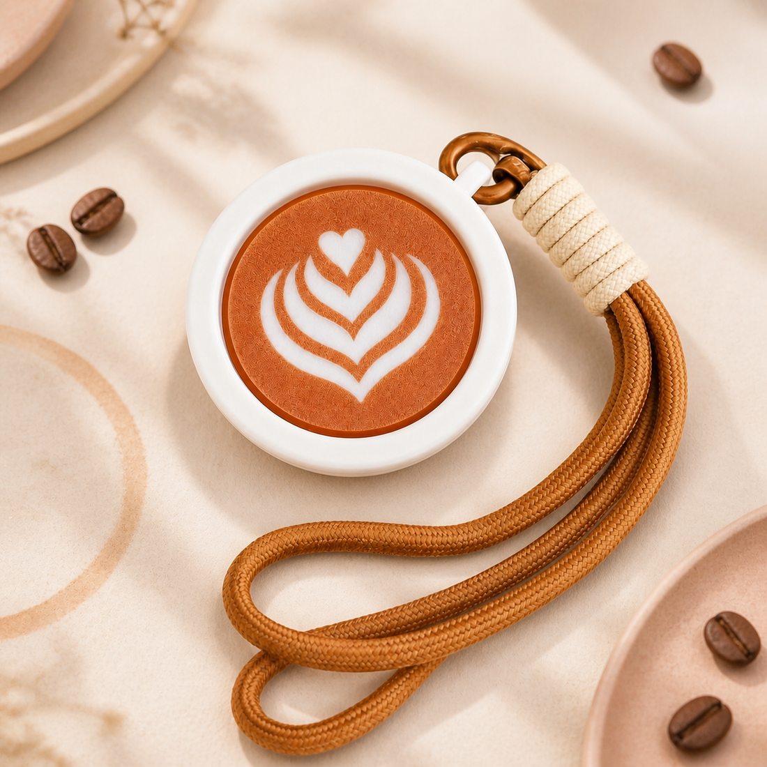 Toytiti Latte coffee cup fidget keychain with latte art top and brown carry strap