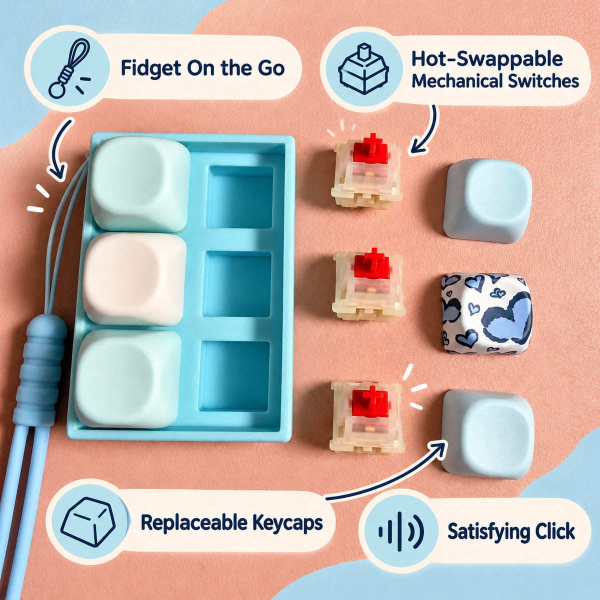 Classic 6-Key Blue Heart 2x3 Fidget Clicker