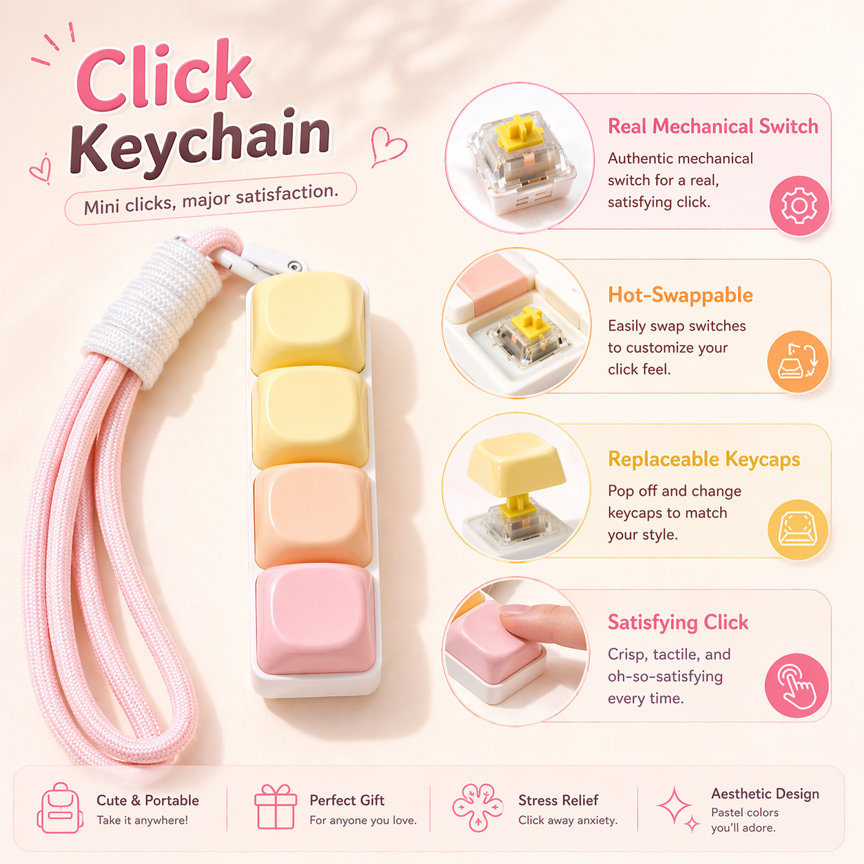 Classic 4-Key MOA Jelly Key Caps Keyboard Fidget Clicker